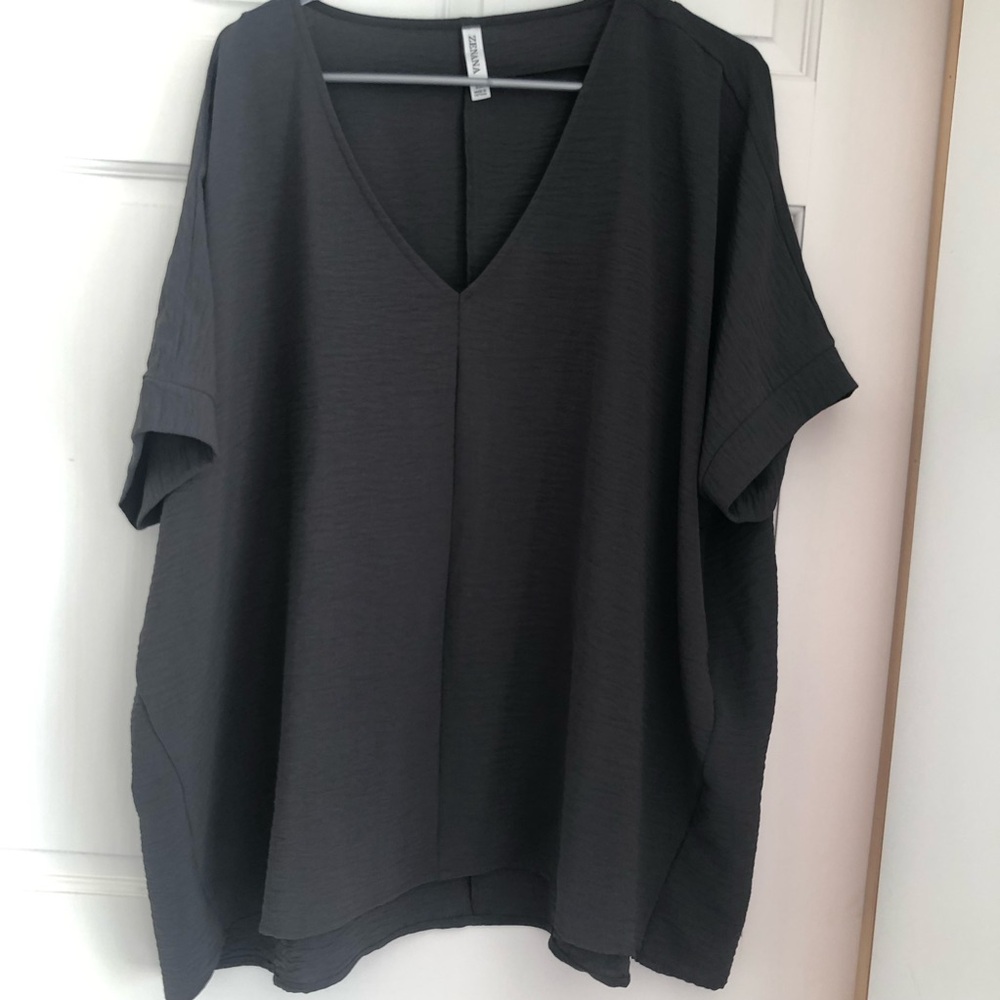 Dark Gray Short Sleeve V Neck Blouse